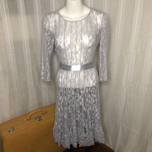 Sheer Lace Floral Pattern Dress - Pale Blue Grey